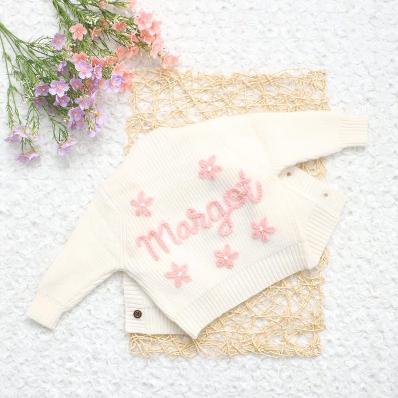 Chunky Embroidered Cardigans, Personalized Baby Name Cardigan, Knitted Newborn Sweater, New Baby Gifts image 7