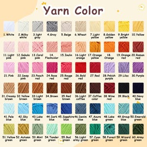 May include: A color chart titled "Yarn Color" displays 60 yarn color swatches. Colors range from white and gray to various shades of pink, red, brown, blue, and green. Each color is numbered and labeled with its name.