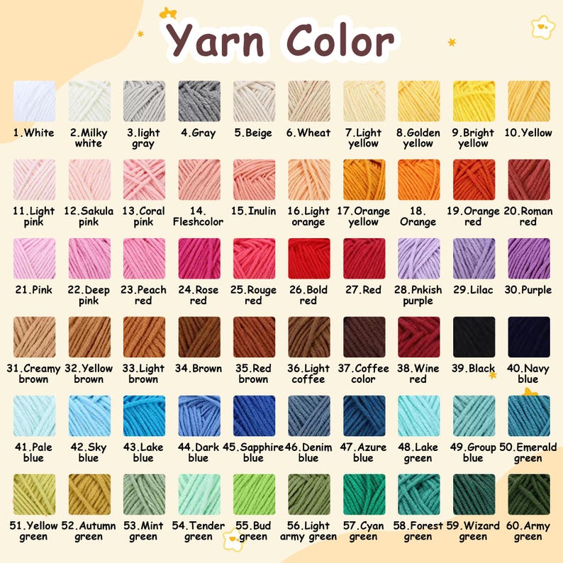 May include: A color chart titled "Yarn Color" displays 60 yarn color swatches. Colors range from white and gray to various shades of pink, red, brown, blue, and green. Each color is numbered and labeled with its name.
