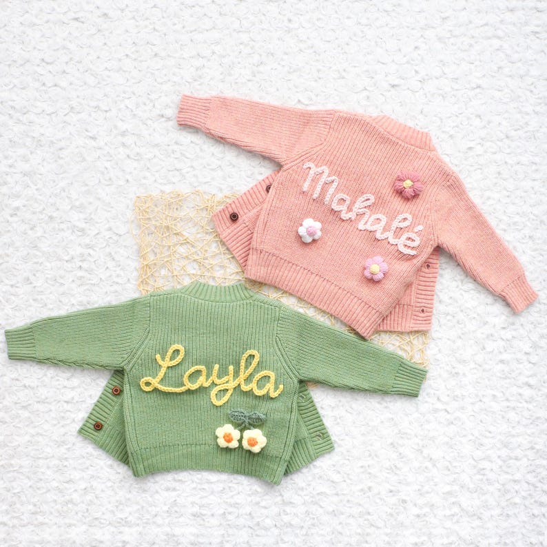 Chunky Embroidered Cardigans, Personalized Baby Name Cardigan, Knitted Newborn Sweater, New Baby Gifts image 4