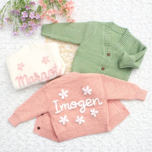 Chunky Embroidered Cardigans, Personalized Baby Name Cardigan, Knitted Newborn Sweater, New Baby Gifts image 1
