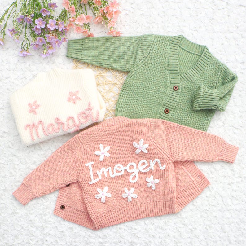 Chunky Embroidered Cardigans, Personalized Baby Name Cardigan, Knitted Newborn Sweater, New Baby Gifts image 1