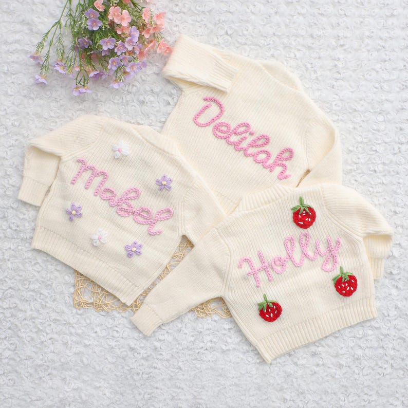 Chunky Embroidered Cardigans, Personalized Baby Name Cardigan, Knitted Newborn Sweater, New Baby Gifts image 3