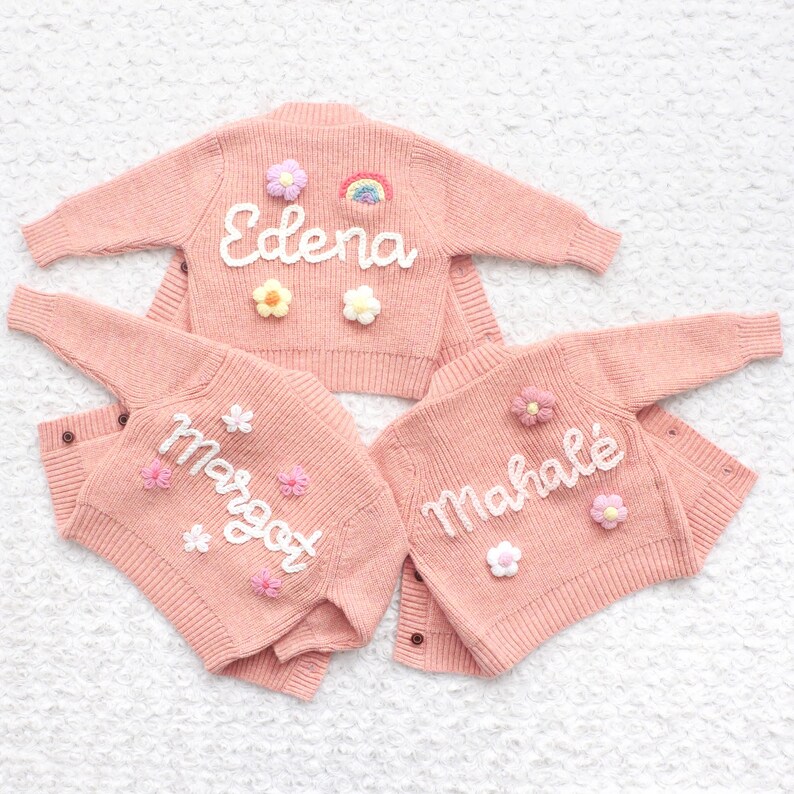 Chunky Embroidered Cardigans, Personalized Baby Name Cardigan, Knitted Newborn Sweater, New Baby Gifts image 2