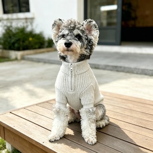 May include: A small dog with gray and white fur wearing a light gray, ribbed knit sweater with a quarter-zip closure. The dog is sitting on a wooden bench, looking directly at the camera.