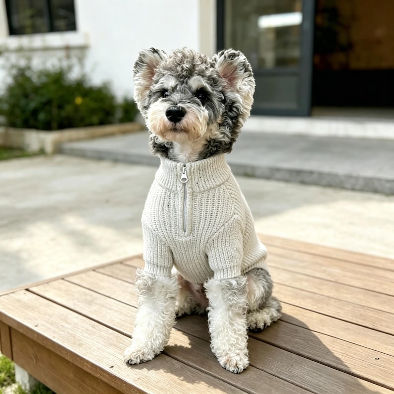 May include: A small dog with gray and white fur wearing a light gray, ribbed knit sweater with a quarter-zip closure. The dog is sitting on a wooden bench, looking directly at the camera.
