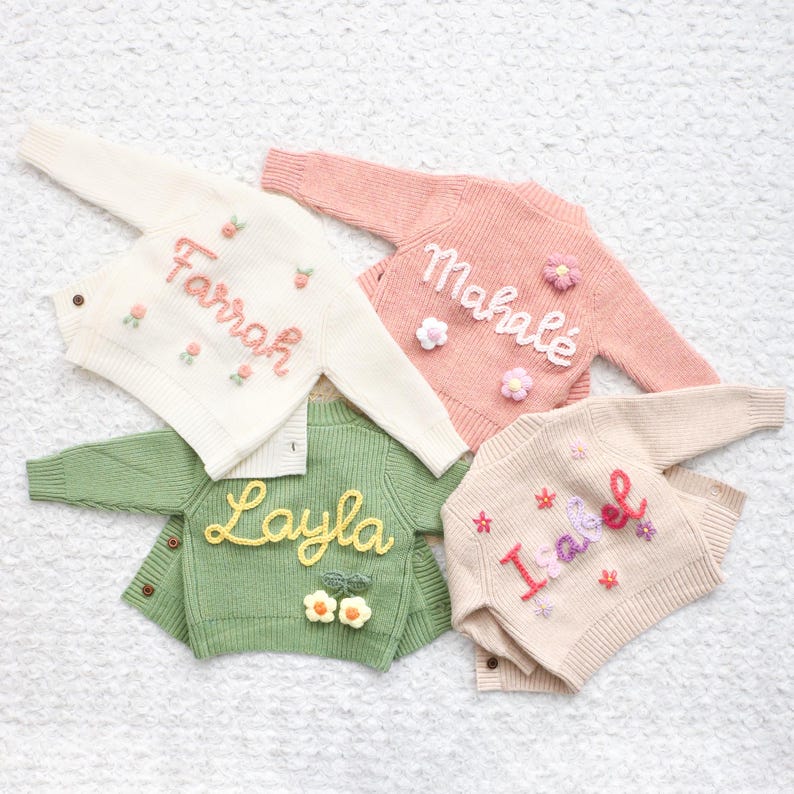 Chunky Embroidered Cardigans, Personalized Baby Name Cardigan, Knitted Newborn Sweater, New Baby Gifts image 6