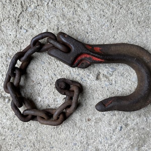 Vintage Industrial Cast Iron Hook & Chain - Heavy Duty Lifting Hook, Rustic Industrial Decor, Antique Chain, Unique Wall Hanging
