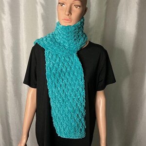 May include: A teal scarf with a textured, plush finish. The scarf is displayed on a mannequin, highlighting its length and texture. The colour is a vibrant turquoise, and the fabric appears to be chenille or a similar yarn. The scarf is designed to be worn around the neck.