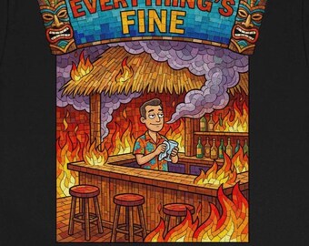 Everything's Fine T-Shirt, Burning Bar, Tiki Masks, Sarcastic Humor Tee, Funny Disaster Shirt, Cartoon Bar on Fire, Mosaic Graphic T Shirt