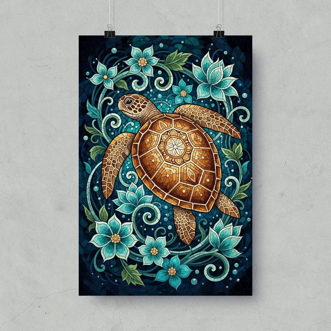 Sea Turtle Posters, Mosaic Art Print, Turtle Decor, Ocean Art, Floral ...