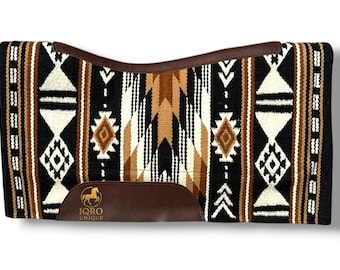 Handwoven Western Contour Saddle Pad – Navajo Style Wool Blanket Pad with Leather Wear Guards, Horse Tack Gift
