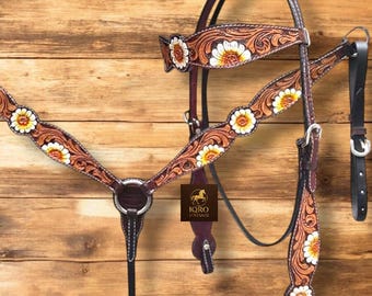 Hand Tooled English Leather, Horse Headstall & Breast Collar Set, Western Tack, Handmade Equestrian Gear