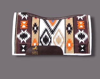 Handwoven Western Contour Saddle Pad – Navajo Style Wool Blanket Pad with Leather Wear Guards, Horse Tack Gift