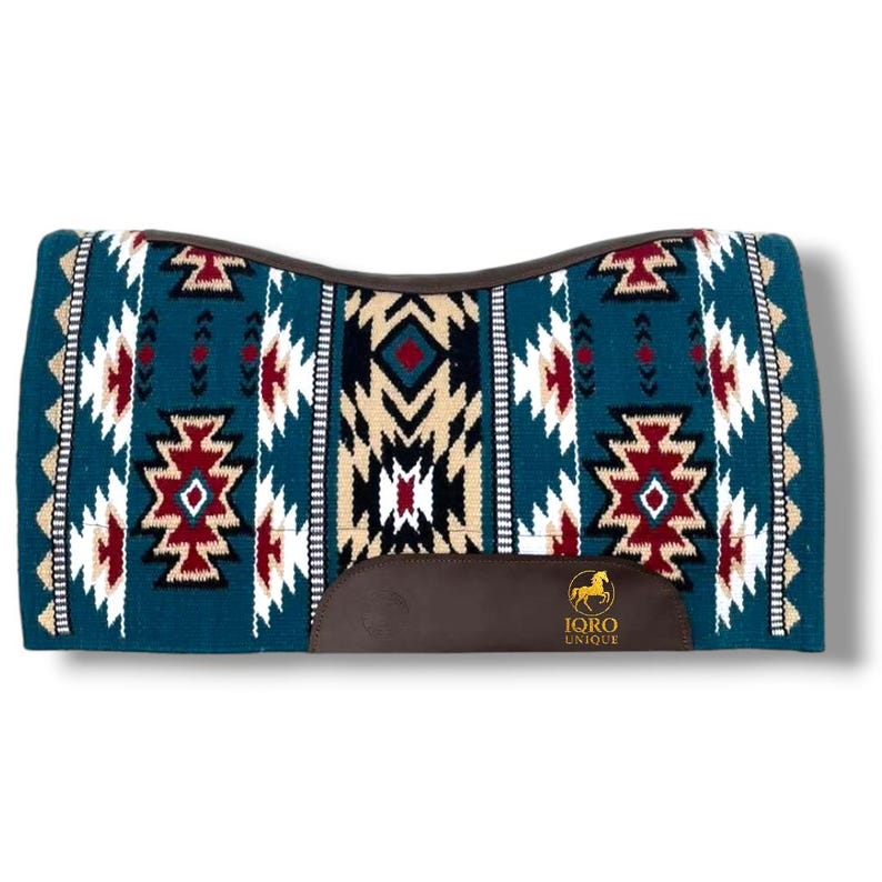 Handwoven Western Contour Saddle Pad – Navajo Style Wool Blanket Pad with Leather Wear Guards, Horse Tack Gift image 3