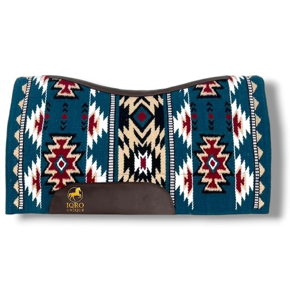 Handwoven Western Contour Saddle Pad – Navajo Style Wool Blanket Pad with Leather Wear Guards, Horse Tack Gift