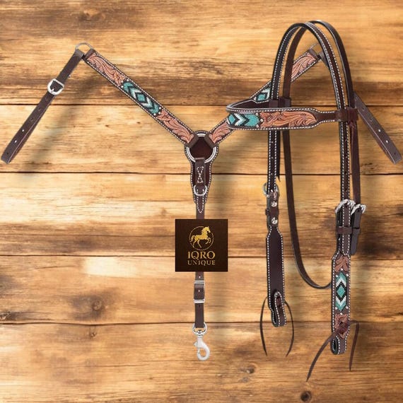 Hand Tooled English Leather Horse Headstall & Breast Collar Set • Handmade Beaded Western Tack