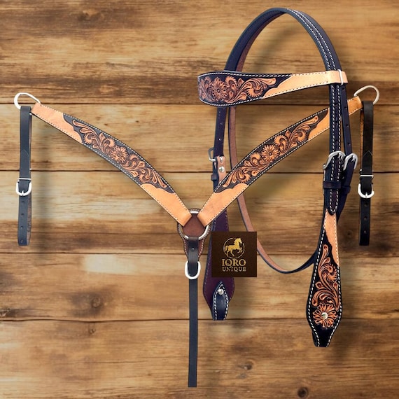 Hand Tooled English Leather Horse Headstall & Breast Collar Set • Western Tack • Handmade Equestrian Gear