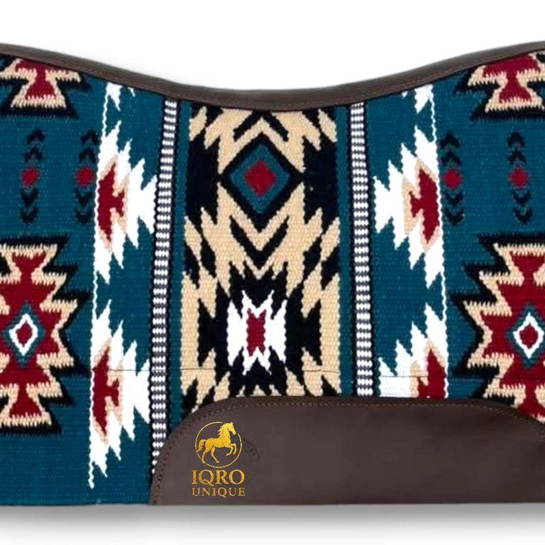 Handwoven Western Contour Saddle Pad – Navajo Style Wool Blanket Pad with Leather Wear Guards, Horse Tack Gift image 2
