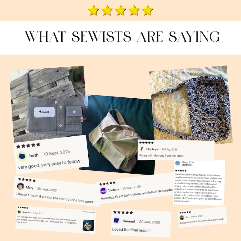 May include: A collage of customer reviews titled WHAT SEWISTS ARE SAYING with five-star ratings. The image displays three handmade bags: a grey bag with a name tag, a beige utility bag with multiple pockets, and a blue and white floral patterned bag.