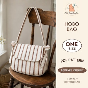 May include: A hobo bag featuring a cream and brown vertical striped pattern with a fold-over flap and a single shoulder strap. The text on the right reads Sticheestudio, HOBO BAG, ONE SIZE, PDF PATTERN, BEGINNER FRIENDLY, and INSTANT DOWNLOAD.