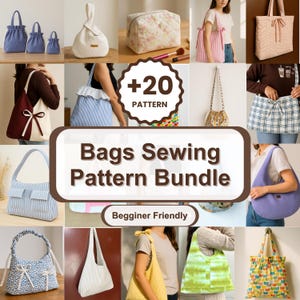 Może przedstawiać: Kolekcja różnych ręcznie robionych toreb, w tym toreb na zakupy, toreb ze sznurkiem i kosmetyczek. Obraz przedstawia różnorodne kolory i wzory, z tekstem "Bags Sewing Pattern Bundle" i "Beginner Friendly".
