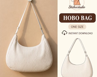May include: A cream-colored hobo bag with a vertical ribbed texture and an adjustable shoulder strap. The image includes the text Sticheestudio, HOBO BAG, ONE SIZE, and INSTANT DOWNLOAD, alongside a line drawing of the bag design.