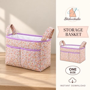 May include: A rectangular fabric storage basket featuring a small floral pattern in shades of pink, orange, and green with purple trim and two handles. The basket has two front pockets and a white interior. Text includes Sticheestudio, STORAGE BASKET, ONE SIZE, and INSTANT DOWNLOAD.