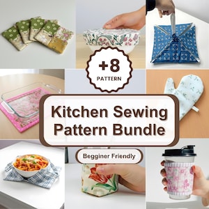 May include: A collection of handmade kitchen items, including pot holders, bowl covers, oven mitts, and a coffee cup cozy. The image features a variety of floral and patterned fabrics. Text on the image reads "Kitchen Sewing Pattern Bundle" and "Beginner Friendly".