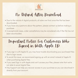May include: A beige digital download notice with black text. The text includes a "No Refund After Download" policy and a notice for customers who sign in with Apple ID, advising them to use an email address instead.