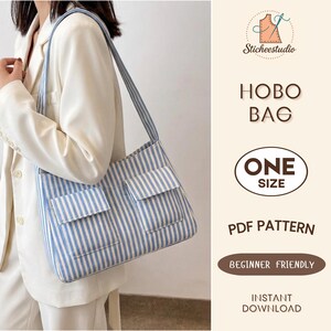 May include: A hobo bag featuring a blue and white vertical striped pattern with two front pockets and a shoulder strap. The text on the right side reads Sticheestudio HOBO BAG ONE SIZE PDF PATTERN BEGINNER FRIENDLY INSTANT DOWNLOAD.