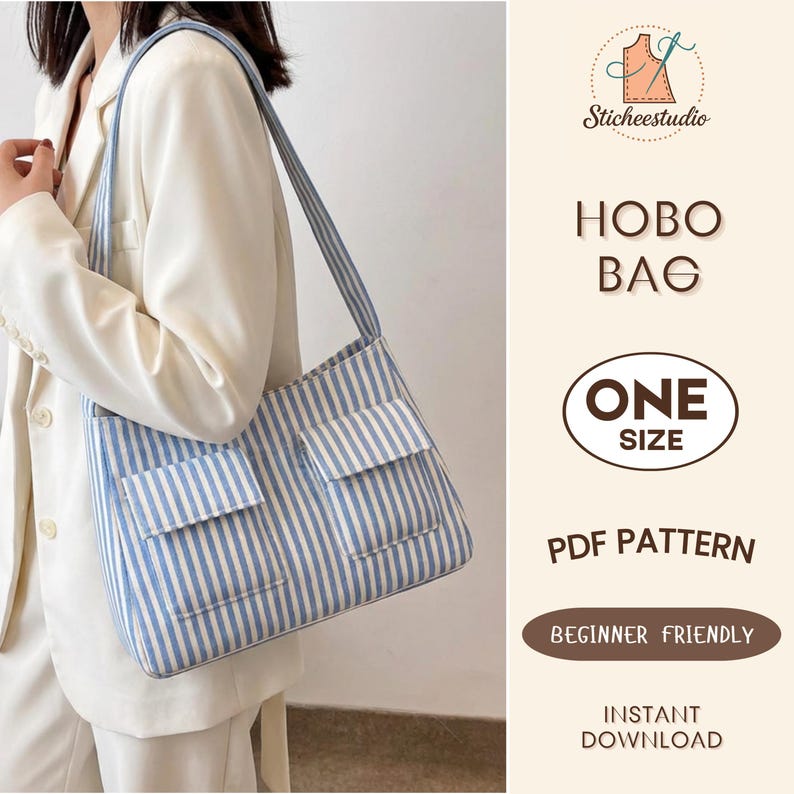 May include: A hobo bag featuring a blue and white vertical striped pattern with two front pockets and a shoulder strap. The text on the right side reads Sticheestudio HOBO BAG ONE SIZE PDF PATTERN BEGINNER FRIENDLY INSTANT DOWNLOAD.