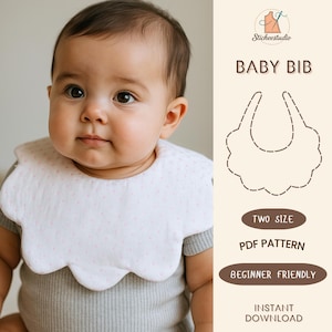 May include: A baby wearing a white bib with a scalloped edge and small pink polka dots. The bib is around the baby's neck. The image also includes text that says "BABY BIB", "TWO SIZE", "PDF PATTERN", "BEGINNER FRIENDLY", and "INSTANT DOWNLOAD".