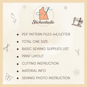 May include: A beige graphic with the text "Sticheestudio" and a logo of a dress form with a needle and thread. Bullet points list PDF pattern files, sewing instructions, and material info. Decorative elements include a sewing machine and scissors.