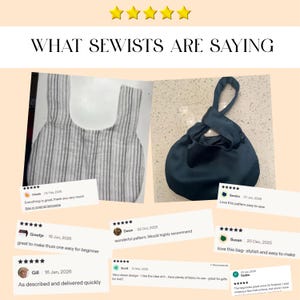 May include: A collage featuring the text WHAT SEWISTS ARE SAYING with five gold stars above it. Two images show fabric bags: one with a grey and white vertical stripe pattern and another in solid dark blue. Several customer reviews are included.