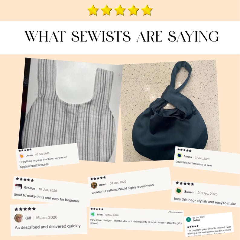 May include: A collage featuring the text WHAT SEWISTS ARE SAYING with five gold stars above it. Two images show fabric bags: one with a grey and white vertical stripe pattern and another in solid dark blue. Several customer reviews are included.