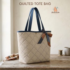 May include: A quilted tote bag featuring a beige diamond-stitched pattern, dark blue fabric handles, and a decorative bow tied on the front. The text QUILTED TOTE BAG and INSTANT DOWNLOAD are visible, along with a logo featuring a needle and thread.