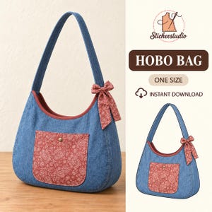 Può includere: Una borsa hobo in denim blu con una tasca frontale con stampa paisley rossa, bordino rosso lungo il bordo superiore e un fiocco rosso abbinato sul lato. Il testo Sticheestudio, HOBO BAG, ONE SIZE e INSTANT DOWNLOAD è visibile.