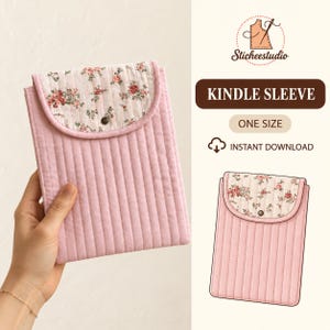 May include: A quilted pink Kindle sleeve featuring a floral patterned flap with a small metal snap closure. The text on the right side reads Sticheestudio, KINDLE SLEEVE, ONE SIZE, and INSTANT DOWNLOAD, accompanied by a cloud download icon.