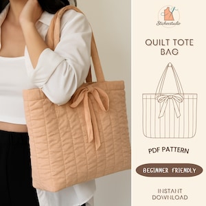 May include: A peach-coloured quilted tote bag with a bow detail. The bag has a rectangular shape with a quilted pattern. The handles and bow are made of the same peach-coloured fabric. The image also includes text that says "Quilt Tote Bag", "PDF Pattern", "Beginner Friendly", and "Instant Download".