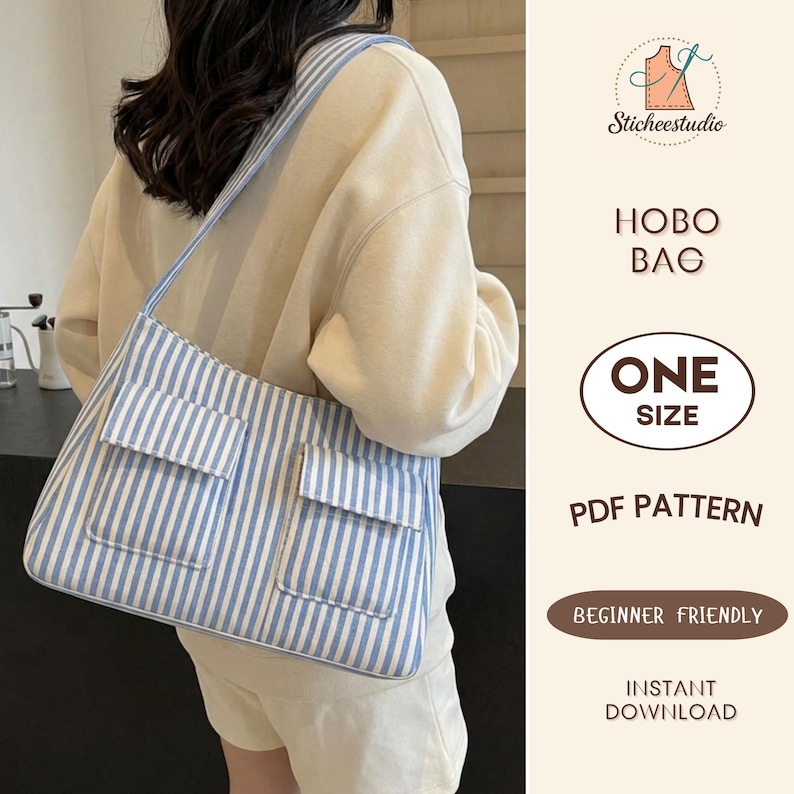 May include: A hobo bag featuring a blue and white vertical striped pattern with two front pockets and a shoulder strap. The text on the image reads Sticheestudio, HOBO BAG, ONE SIZE, PDF PATTERN, BEGINNER FRIENDLY, and INSTANT DOWNLOAD.