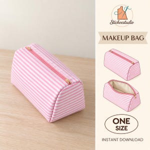 May include: A rectangular makeup bag featuring a pink and white striped pattern with a gold-toned zipper closure. The bag is shown closed and open, with text reading Sticheestudio, MAKEUP BAG, and ONE SIZE, indicating an instant download pattern.
