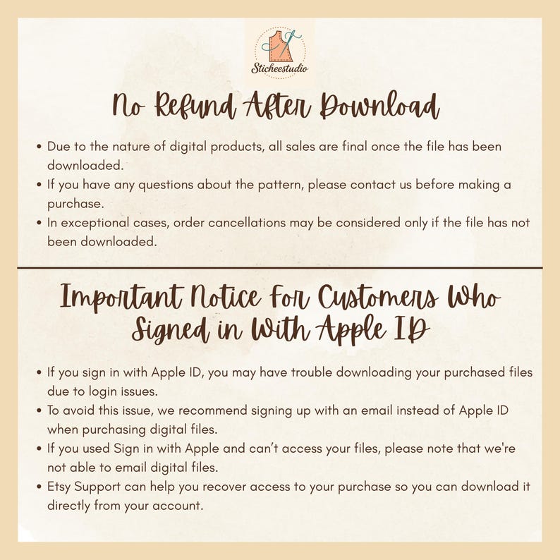 Pode incluir: Aviso de download digital bege com texto preto. O texto inclui uma pol&iacute;tica de "Sem reembolso ap&oacute;s o download" e um aviso para clientes que fazem login com Apple ID.
