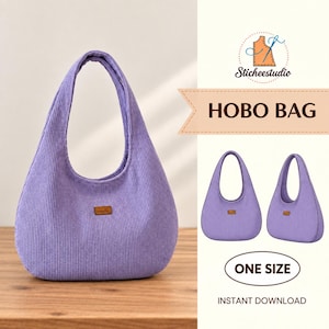 May include: A lavender hobo bag made of corduroy fabric with a single shoulder strap and a small rectangular brown leather-like patch on the front. The text on the image includes Sticheestudio, HOBO BAG, ONE SIZE, and INSTANT DOWNLOAD.