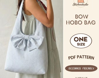 May include: A light blue and white gingham hobo bag featuring a large fabric bow on the front. The text on the right side reads Sticheestudio, BOW HOBO BAG, ONE SIZE, PDF PATTERN, BEGINNER FRIENDLY, and INSTANT DOWNLOAD in dark brown lettering.