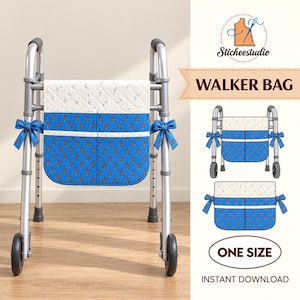 May include: A walker bag featuring a blue fabric with a repeating floral pattern and a cream-colored quilted top section. The bag attaches to a silver metal walker with blue fabric bows on each side. Text includes WALKER BAG and ONE SIZE.
