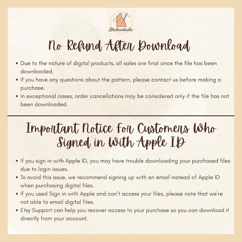 May include: A beige digital download notice with black text. The text includes a "No Refund After Download" policy and a notice for customers who sign in with Apple ID, with recommendations for downloading digital files.