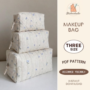 Patrón de costura para bolsa de maquillaje acolchada: bolsa cuadrada ideal para principiantes, tamaño A0/A4/carta estadounidense