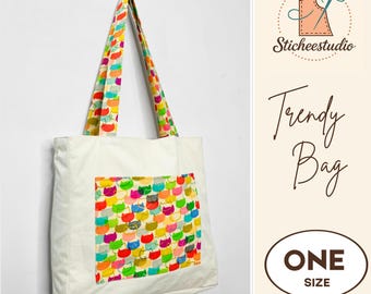 Tote bag sewing pattern with handles, outer pocket, and inner lining  (PDF Download A4/US Letter)