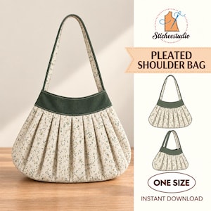 Può includere: Una borsa a spalla plissettata in tessuto color crema con un piccolo motivo floreale e un pannello superiore verde scuro a tinta unita. La borsa ha una tracolla singola e una silhouette curva. Il testo include Sticheestudio, Pleated Shoulder Bag, One Size e Instant Download.